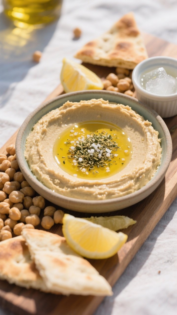 Straight-on hero shot of an ultimate picnic hummus board: ultra-smooth hummus swooshed in a shallow bowl, a shimmering puddle of za’atar oil (olive oil infused with za’atar) in the center, sprinkled with extra za’atar and flaky salt. Surround with chickpeas, lemon wedges, tahini drizzle, and warm pita triangles; small ramekin of ice water hinting at the whipped texture. Clean, bright light, tight depth of field.