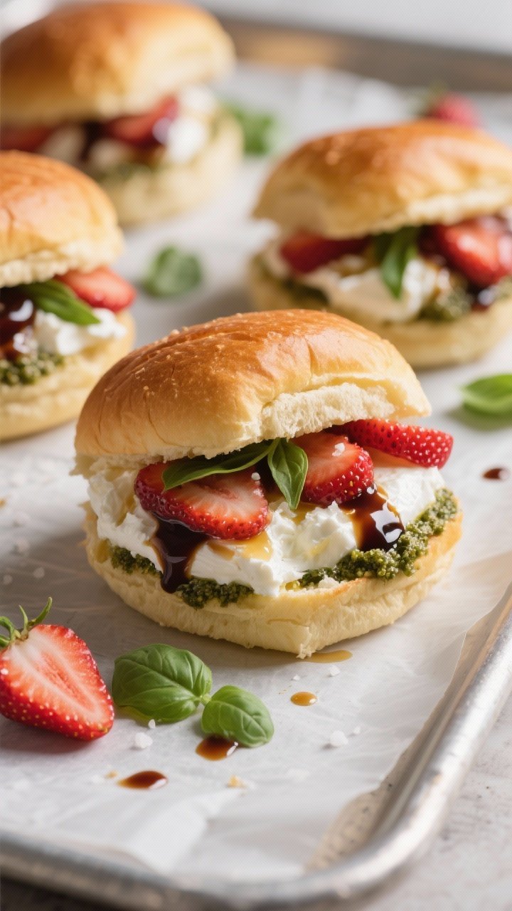 Straight-on hero shot of balsamic strawberry burrata sliders: golden brioche slider buns filled with torn burrata, glossy balsamic- and honey-macerated strawberry slices, a pinch of salt, and ribbons of basil pesto peeking out. A few fresh basil leaves scattered, tiny balsamic drips on a parchment-lined tray, soft natural light for a sweet-savory glow.