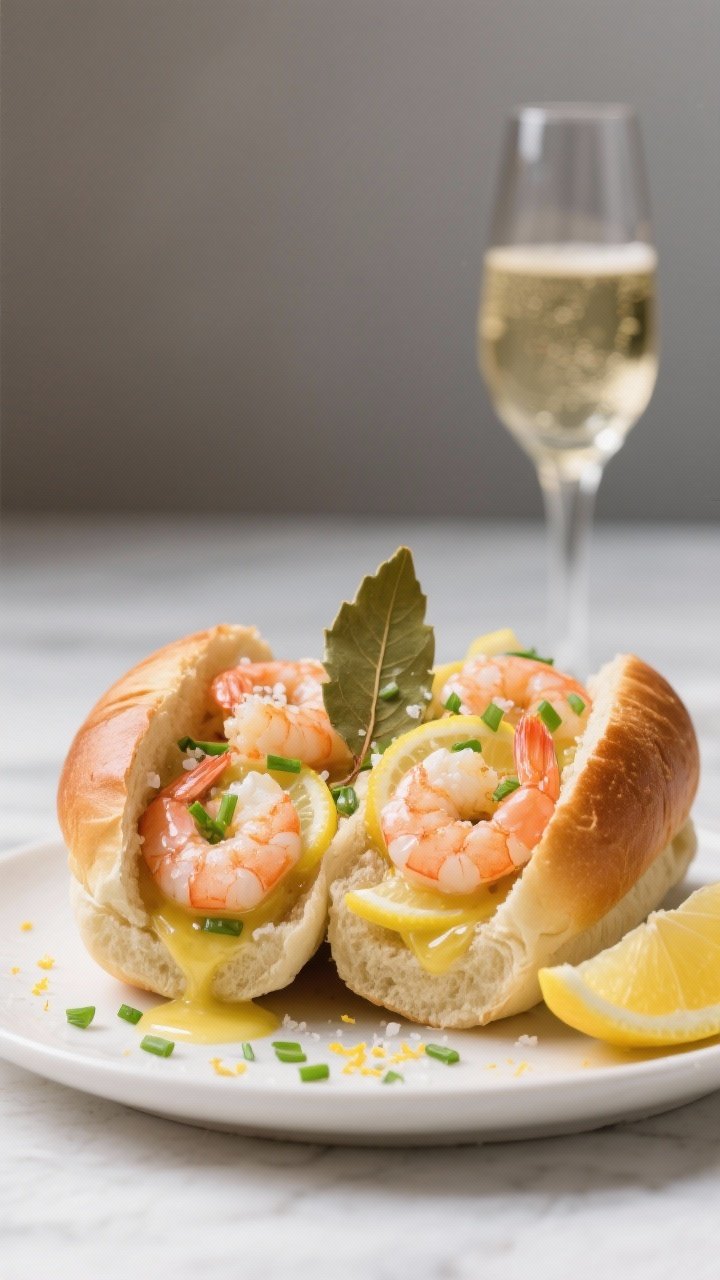 Straight-on hero shot of champagne-poached shrimp rolls: butter-toasted split-top buns overflowing with plump pink shrimp poached in champagne with lemon slices, bay leaf, and salt; tossed in lemon chive butter, visible chopped chives and micro-zest; lemon wedges and a chilled flute of champagne in background, minimal props, crisp and luxurious feel.
