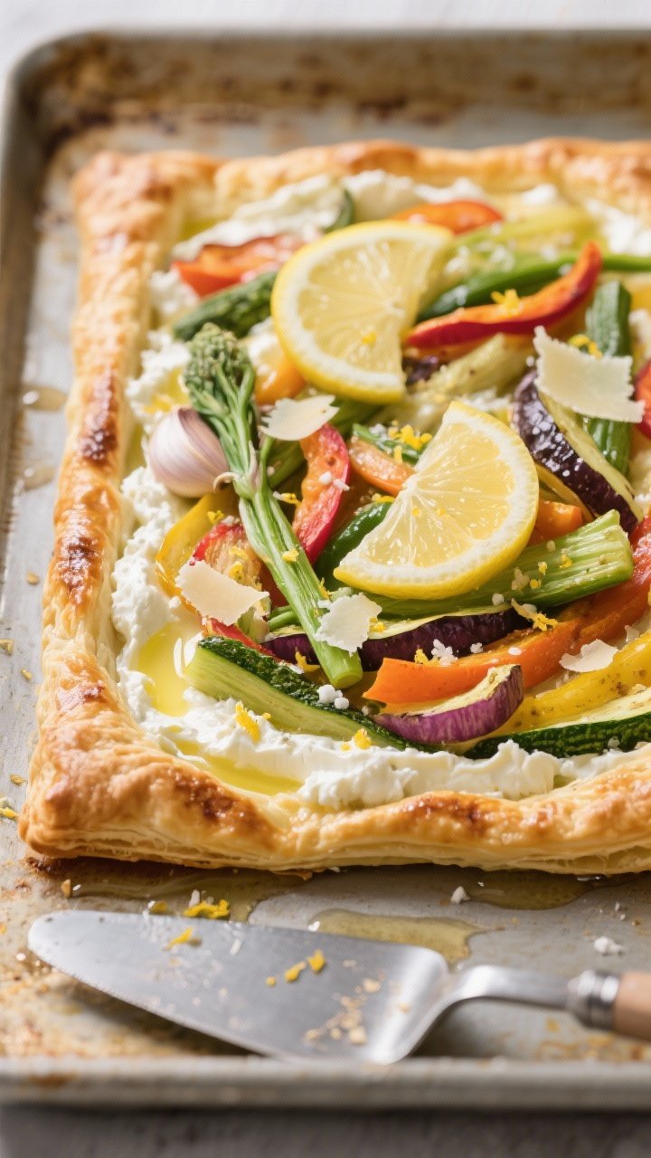 Straight-on hero shot of Garden Veggie Tart with Ricotta and Lemon on puff pastry: golden, flaky puff pastry topped with a spread of whole-milk ricotta mixed with Parmesan, lemon zest, lemon juice, grated garlic, and salt; arranged with spring vegetables (assorted colorful sliced veggies) and finished with a light olive oil gloss; edges puffed and blistered, on a baking sheet with a metal spatula.