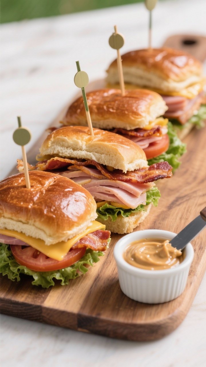 Straight-on hero shot of picnic club sandwich sliders neatly lined on a wooden board: glossy brioche slider buns stacked with layers of sliced turkey, ham, halved bacon strips, cheddar, thin tomato slices, crisp lettuce, and a visible swipe of maple-Dijon spread. Toothpicks secure each slider. A small ramekin of extra maple-Dijon spread in frame, with a knife showing its creamy texture.