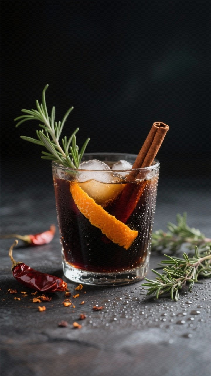 Straight-on, high-contrast beverage shot of espresso-chili cold brew in a clear glass: inky cold brew with ice, an orange peel strip coiling inside, a small cinnamon stick, and a few lightly crushed dried arbol chilies visible; sprigs of fresh rosemary and thyme alongside; condensation beads on glass, moody backdrop, aromatic desert-herb vibe.