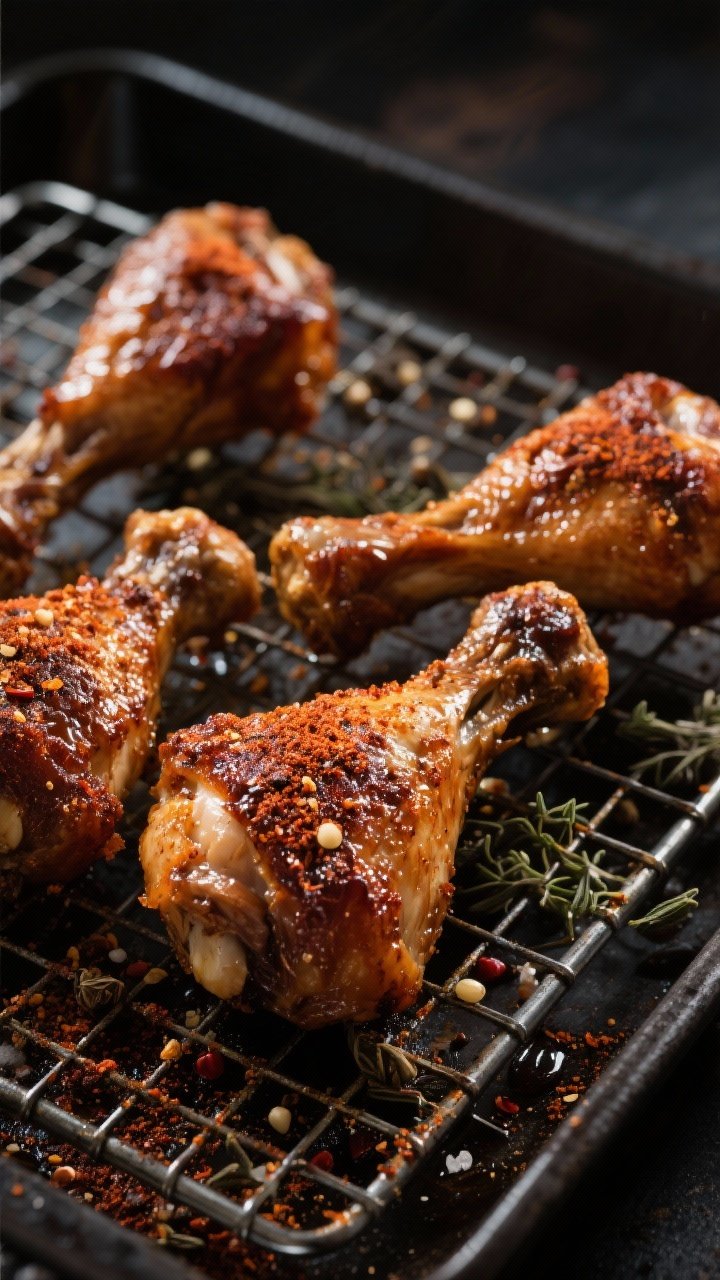 Straight-on, high-contrast close-up of crispy baked chicken drumsticks on a wire rack: deeply browned, crackly skin dusted with a pantry spice rub (smoked paprika, garlic powder, onion powder, dried oregano, cumin, chili powder, salt, black pepper); beads of rendered fat glistening; dark sheet pan backdrop, dramatic side lighting to emphasize texture.