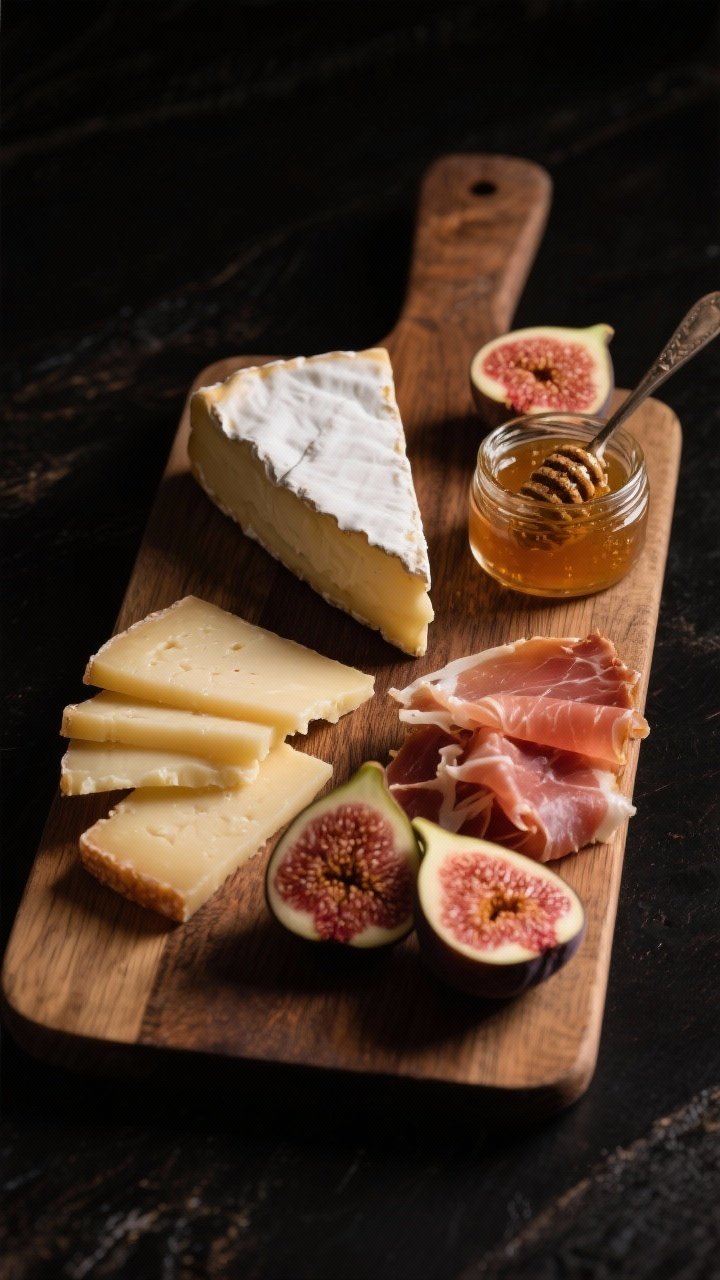Straight-on, intimate date-night board for two: lush wedge of triple-cream brie, neat slices of manchego, delicate folds of prosciutto or speck, thin slices of bresaola, a petite jar pour of truffle honey, a spooned dollop of fig jam, and a few halved fresh figs; soft, romantic lighting, dark backdrop, luxe textures emphasized.