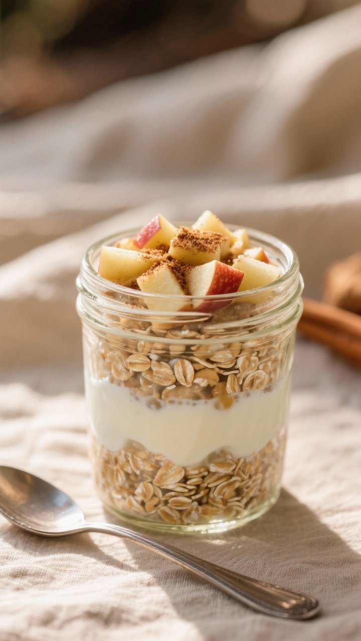 Straight-on jar shot of Canyon-Side Apple Pie Overnight Oats: clear glass jar layered with rolled oats, milk, Greek yogurt, diced apple, maple syrup, cinnamon, and a hint of vanilla; topped with extra apple dice and a dusting of cinnamon; spoon leaning on the jar, cozy neutral linens, soft morning light to evoke a trail-side breakfast feel.