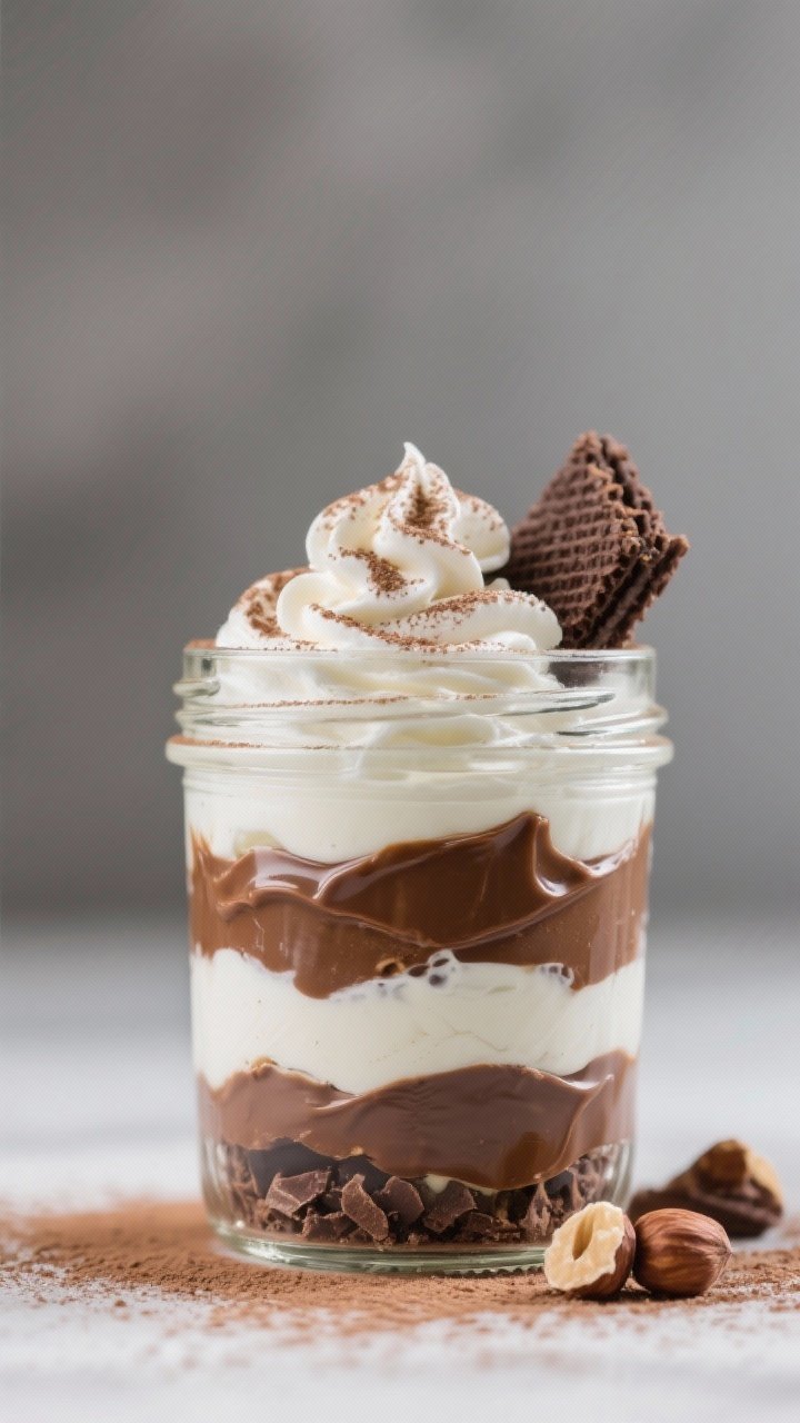 Straight-on layered chocolate hazelnut mason jar parfaits: swirls of softly whipped cream folded with yogurt, ribbons of chocolate hazelnut spread, crushed chocolate wafer cookies or biscotti for espresso crunch, vanilla aroma implied; delicate layers visible through glass, light cocoa dusting on top, minimal modern backdrop, indulgent yet refined.