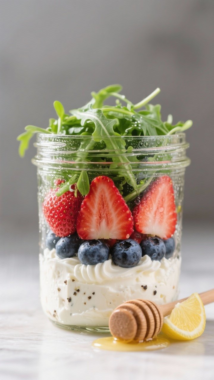 Straight-on layered jar shot of Misty Maple Berry Salad Jars: whipped feta (feta, Greek yogurt, olive oil, lemon juice, honey, black pepper) piped at the bottom, then sliced strawberries and blueberries, topped with baby arugula/spring mix; condensation on glass, a honey dipper and lemon wedge nearby, vibrant reds and greens, clean background, professional studio lighting.