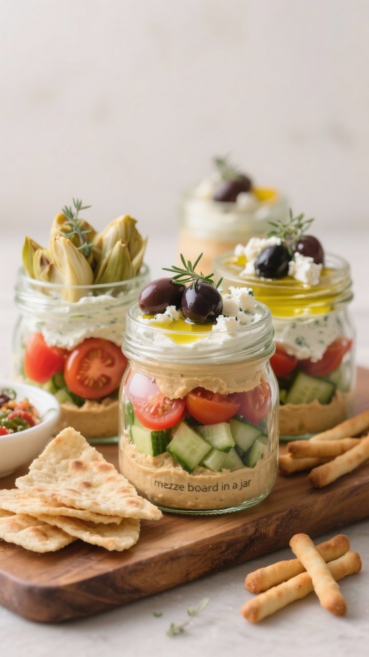 Straight-on layered “mezze board in a jar” composition: clear glass jars filled in layers—hummus, tzatziki or labneh, chopped marinated artichoke hearts, halved cherry tomatoes, diced cucumber, kalamata olives, crumbled feta, a drizzle of olive oil and oregano on top; jars arranged with pita chips and mini breadsticks nearby, Mediterranean colors popping against a neutral backdrop.
