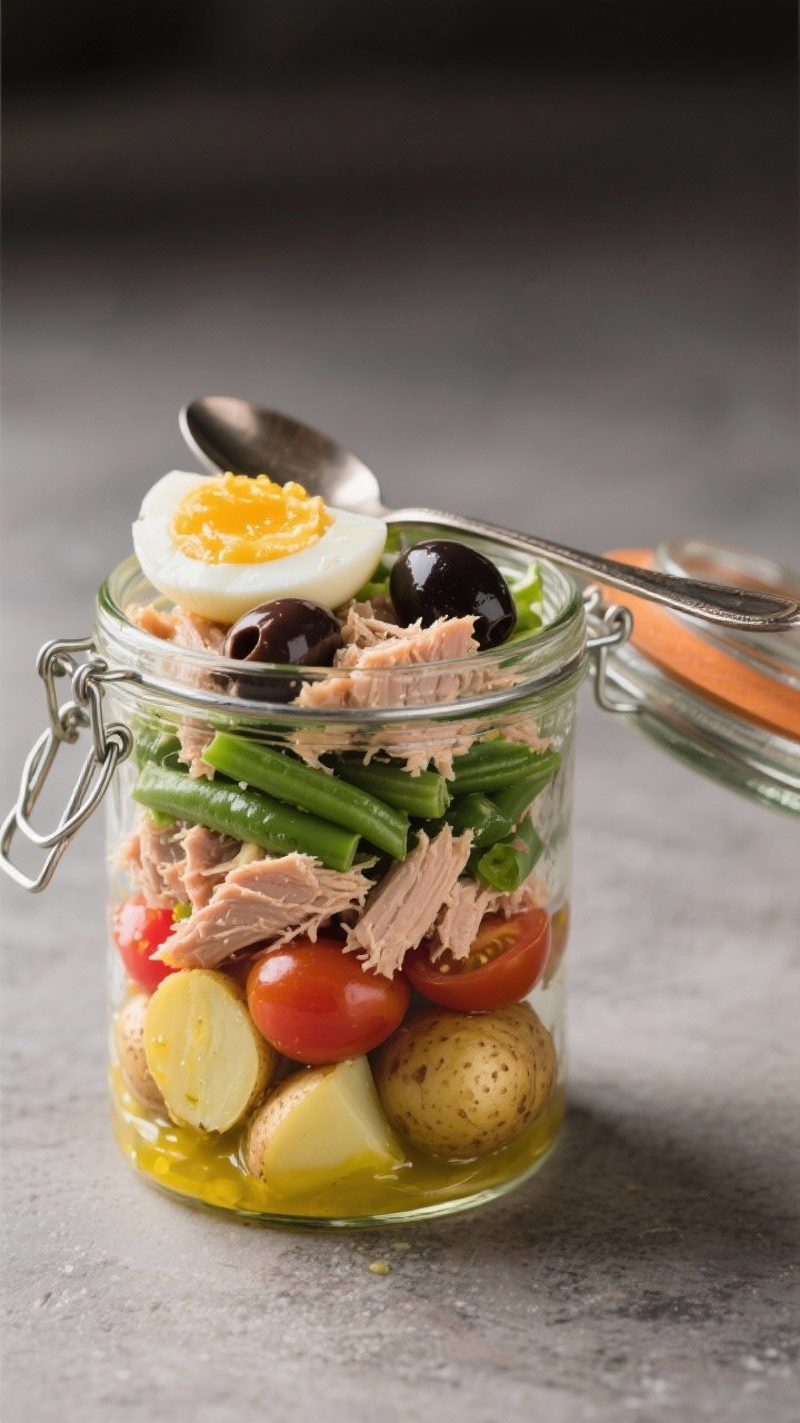 Straight-on layered Niçoise salad in mason jars (no-mayo): bottom layer of lemony vinaigrette, then halved small potatoes, blanched green beans, cherry tomatoes, Kalamata olives, flaked high-quality tuna, and wedges of hard-boiled egg on top. Each layer distinct and glossy; a spare jar open with a spoon, showing the structured, portable presentation.