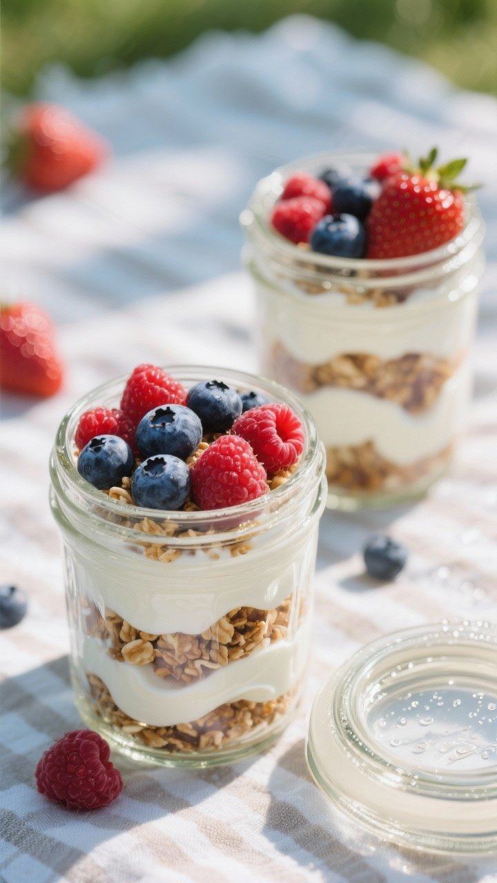 Straight-on layered Picnic Jar Parfaits: clear mason jars with plain Greek yogurt swirled, a hint of maple syrup in human jars, vanilla omitted for pet jars; vibrant mixed berries (strawberries, blueberries, raspberries) nestled between layers; granola sprinkled on top of human jars with a separate pet-safe jar without sweetener or vanilla; dewy berries, clean glass reflections, fresh picnic cloth.