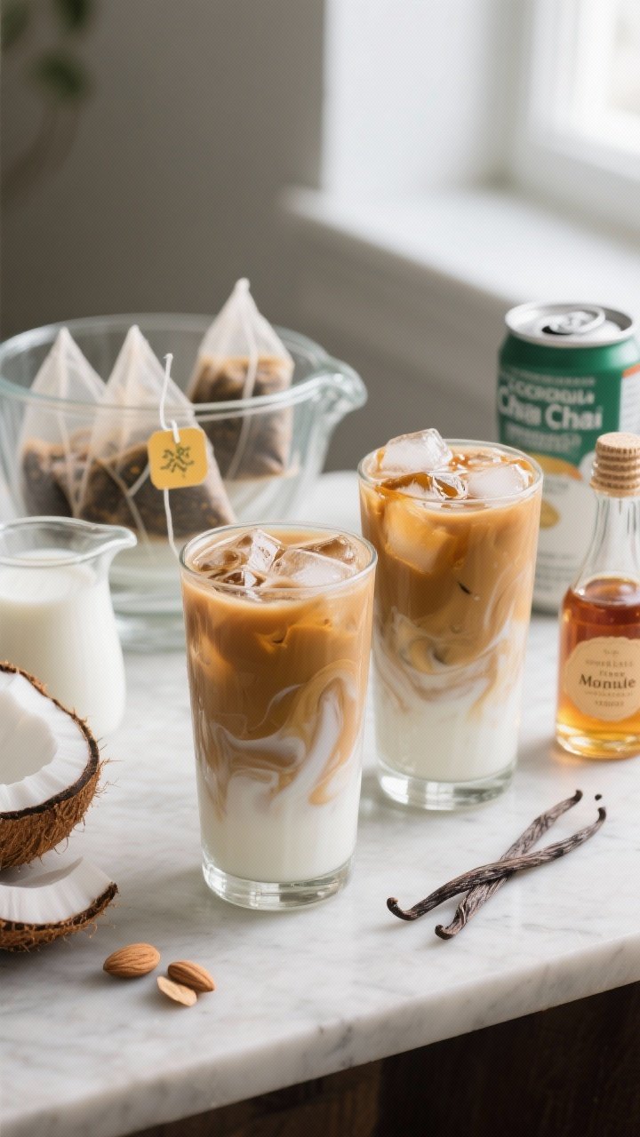 Straight-on layered presentation of Iced Coconut Chai in tall glasses: creamy tan chai with visible swirl from mixing light coconut milk and dairy/almond milk, clinking ice, slight froth on top; a drizzle of maple syrup and a hint of vanilla in the styling notes; background props include 4 chai tea bags steeping in 2 cups boiling water, a can of coconut milk, small pitcher of milk, and bottles labeled honey/maple and vanilla extract; cozy yet cool, soft window light.