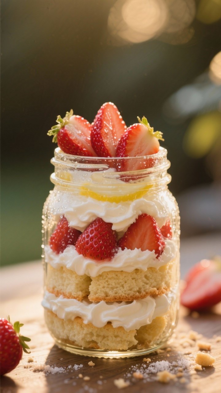 Straight-on layered strawberry shortcake mason jars: macerated strawberries with sugar and lemon, alternating layers of shortcake pieces and soft vanilla whipped cream (“vanilla clouds”), finished with glossy strawberry slices on top. Condensation on jars, a few crumbs on the surface, gentle golden-hour light, dreamy dessert vibe.