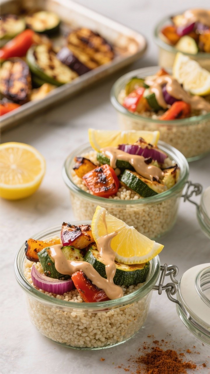 Straight-on mason jar lineup of spiced couscous bowls: fluffy couscous (steamed with salt and a touch of olive oil) layered with roasted mixed vegetables (zucchini, bell peppers, red onion) caramelized at the edges, dusted with warm spices. Top with a lemon-tahini drizzle cascading down, lemon wedges nearby. Include a tray of just-roasted veg in background. Warm, cozy tones with glossy tahini ribbons and charred veg highlights.