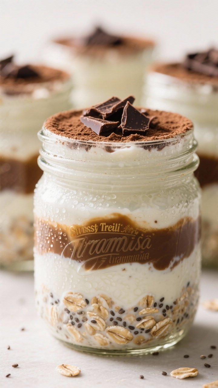 Straight-on mason jar lineup of Sunset Trail Tiramisu Overnight Oats: visible layers of rolled oats, milk and Greek yogurt mixture, a ribbon of cooled espresso/coffee, maple syrup, vanilla, and chia seeds; topped with a light cocoa dusting and shaved dark chocolate; condensation on glass, soft morning light, creamy and luscious texture emphasized.
