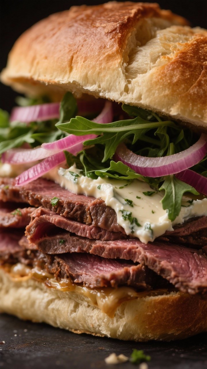 Straight-on moody close-up of a roast beef picnic stack on a crusty kaiser roll: thick folds of thinly sliced roast beef, a lush smear of Boursin (garlic and fine herbs) melting into the crumb, peppery arugula, optional streak of horseradish cream, and a tangle of rosy pickled onions. The top roll slightly offset to showcase layers, shallow depth of field, rich textures emphasized.
