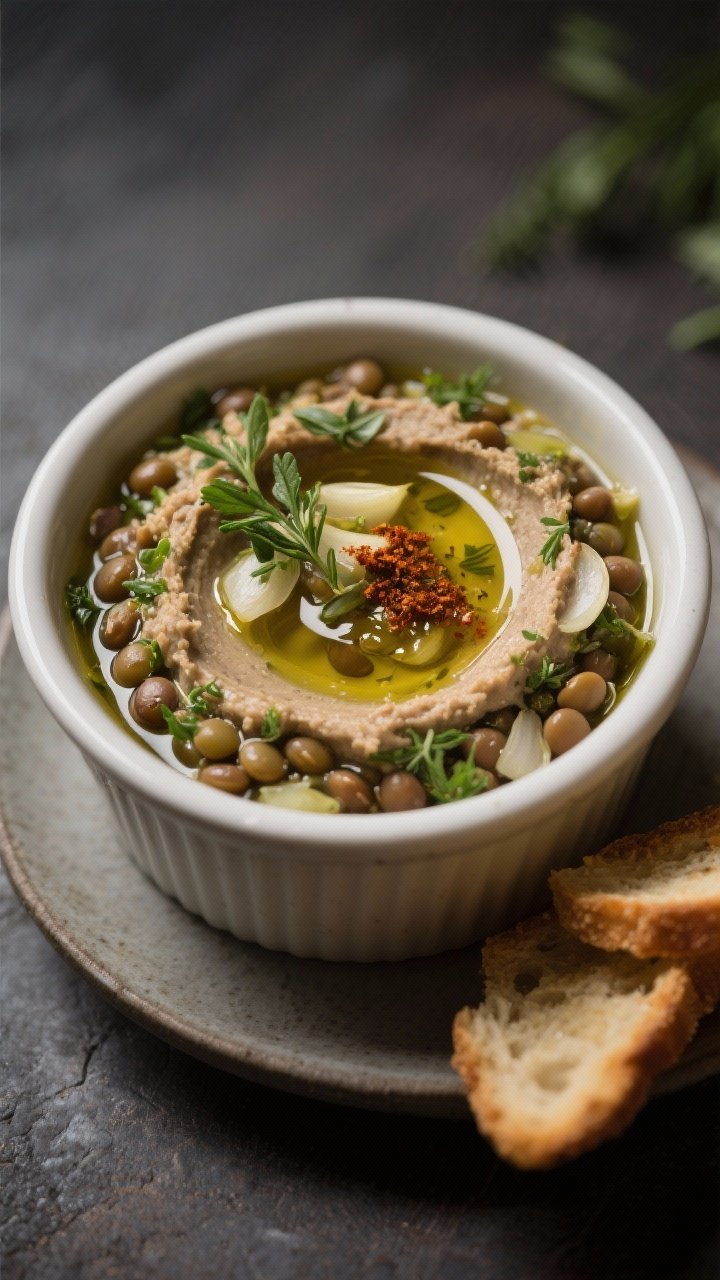 Straight-on, moody shot of herb-packed lentil pâté in a low ramekin with an olive oil shine: smooth, spreadable pâté made from green/brown lentils simmered in vegetable broth, olive oil, sautéed onion and sliced garlic, smoked paprika, and abundant fresh herbs; glossy swirl of extra olive oil on top, sprinkled herbs; served with thin crisp toasts at the edge of frame; rich shadows, earthy palette, gourmet vibe.
