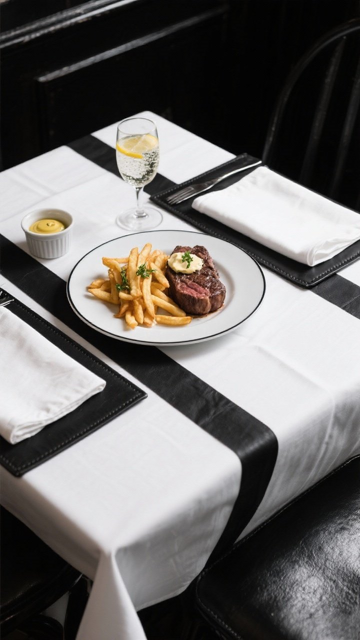 Straight-on, Parisian bistro lunch vignette: white cotton sateen tablecloth with a bold black-and-white striped runner, black faux-leather placemats, and white linen napkins with black edging; plated classics—steak frites with herb butter, a tiny pot of Dijon, and a glass of sparkling water with lemon; high-contrast lighting, clean lines, minimal props for chic monochrome elegance.