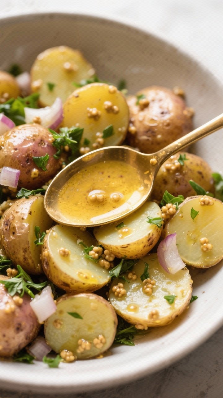 Straight-on plated bowl of no-mayo mountain potato salad: halved baby potatoes glistening with a Dijon and whole-grain mustard vinaigrette (olive oil, white wine vinegar, honey), minced shallot visible, and chopped fresh herbs sprinkled generously; a spoon rests in the bowl with vinaigrette clinging to it; warm gold and mustard tones, fresh and hearty.