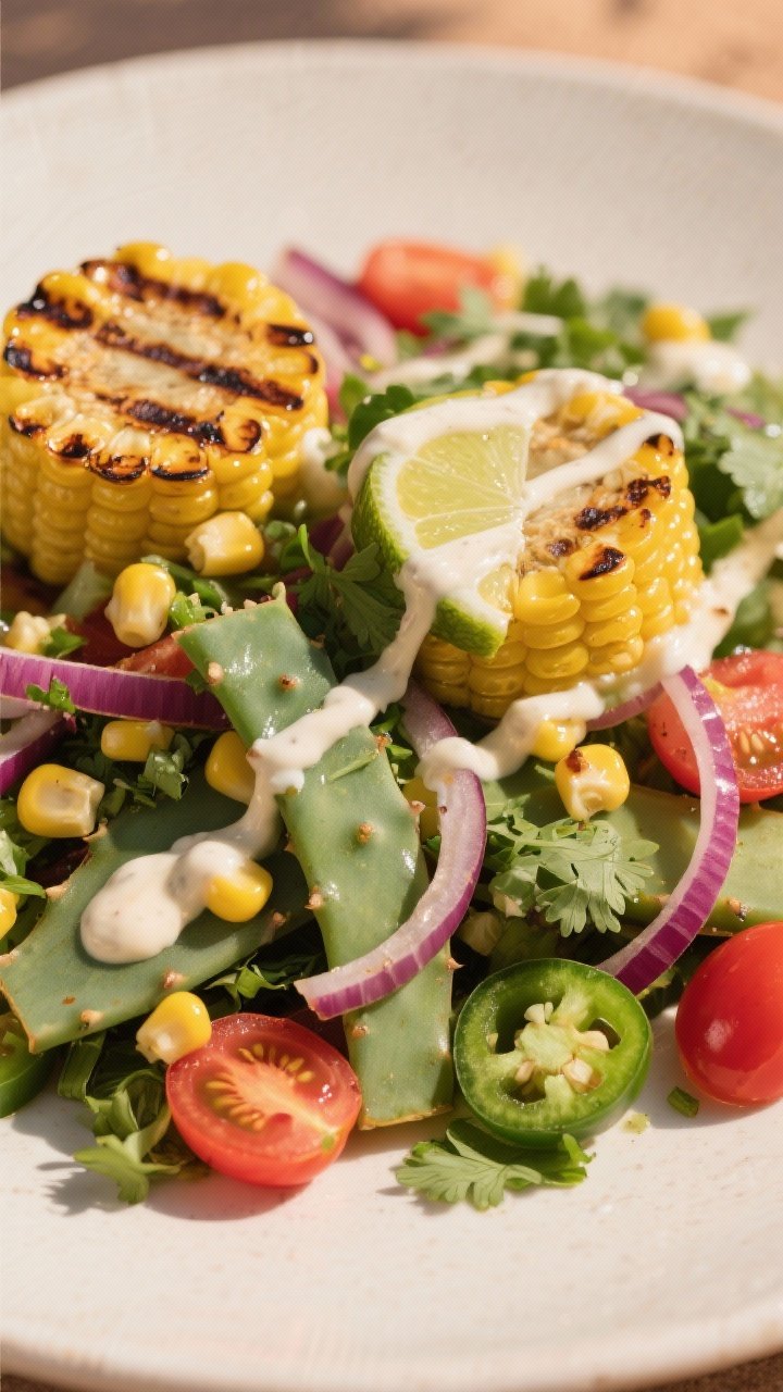 Straight-on plated cactus cooler salad: glossy slices of nopales, charred corn kernels cut from the cob, thinly sliced red onion, halved cherry tomatoes, chopped cilantro, and finely diced jalapeño; a drizzle of tangy lime crema ribboned over the top; grill marks on corn visible, bright greens and reds popping against a neutral plate, desert-sun lighting.