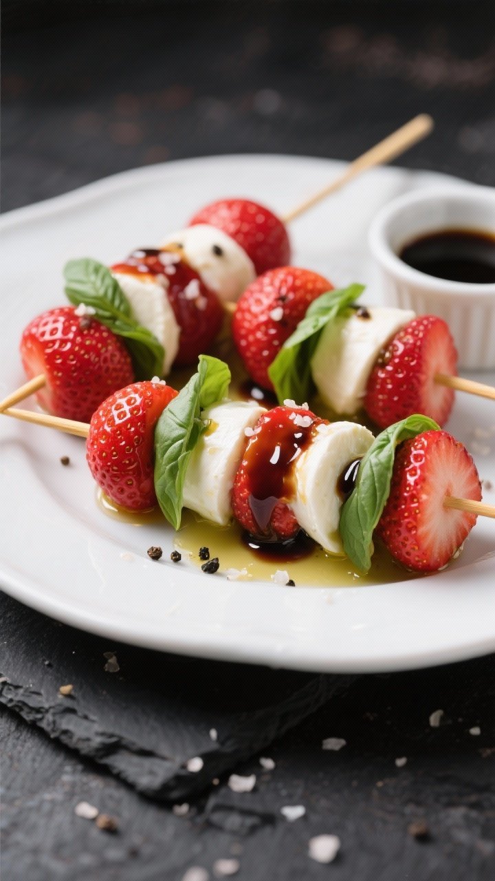 Straight-on, plated close-up of Strawberry-Basil Caprese Skewers: alternating hulled strawberries, ciliegine mozzarella, and fresh basil leaves on short bamboo picks, glistening with extra-virgin olive oil, sprinkled with flaky sea salt and freshly ground black pepper, finished with a glossy drizzle of balsamic glaze; arranged on a white platter with a small ramekin of extra glaze, dark slate backdrop for contrast.
