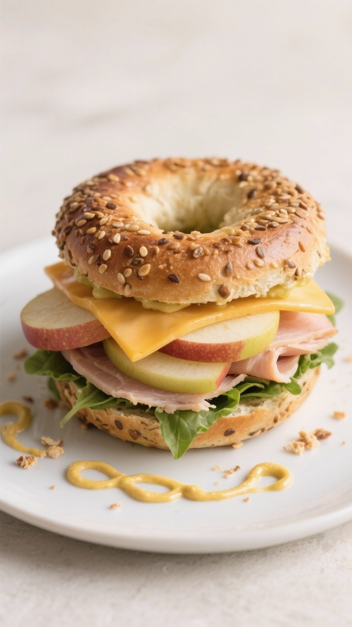 Straight-on plated composition of Crunchy Apple, Cheddar, and Turkey Bagel Stacks: multigrain bagel halves layered with grainy mustard, sharp cheddar slices, deli turkey, thin Honeycrisp apple slices, and mixed greens; stack slightly offset to showcase layers and textures; crumbs and mustard swirls on the plate for realism, clean neutral background, crisp focus on the apple-cheddar contrast.