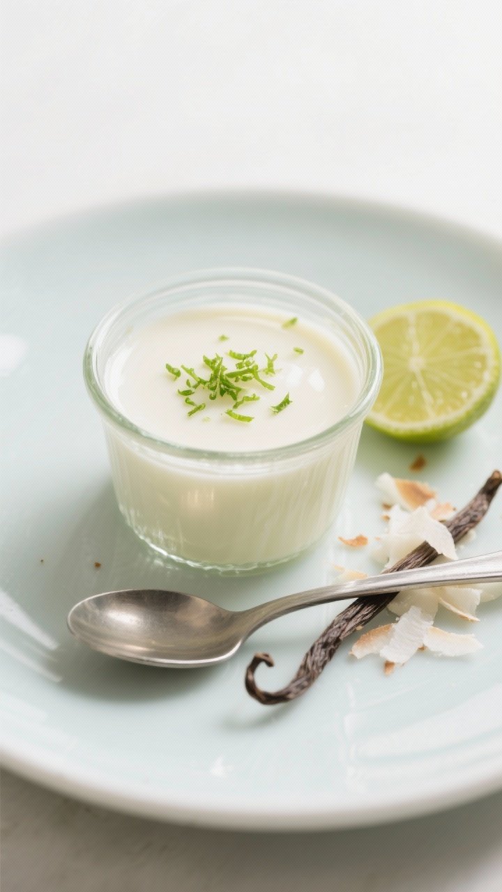 Straight-on plated dessert of coconut lime panna cotta set in a low glass ramekin, ultra-smooth and gently wobbly, topped with a fine shower of fresh lime zest; a thin lime wheel and tiny coconut flakes on the side, subtle vanilla bean specks visible; cool, humidity-proof sheen with a light reflection, styled on a pale ceramic plate with a silver spoon, clean minimal background.