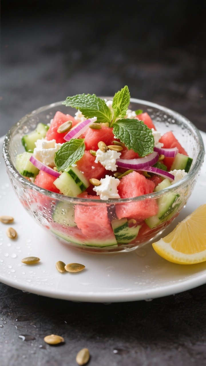 Straight-on plated presentation of a heaping watermelon feta mint salad in a clear glass bowl to show layers: juicy watermelon cubes, diced cucumber, crumbled feta, torn fresh mint, thinly sliced red onion, and a finishing sprinkle of toasted pumpkin seeds; condensation on the bowl to suggest chill, with a lemon wedge nearby.