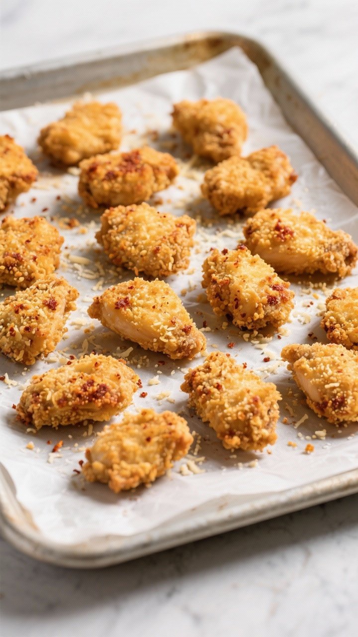 Straight-on plated presentation of crispy oven-fried chicken bites on a parchment-lined baking sheet: golden panko-Parmesan crust with smoky paprika flecks; pieces are uniform