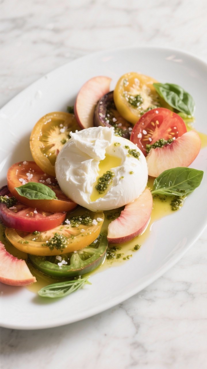 Straight-on plated presentation of heirloom tomato, peach, and burrata salad on a wide white platter: thick slices of multicolored tomatoes (gold, deep red, green) layered with blush peach wedges and a torn mound of creamy burrata; glossy basil pesto drizzle pooling slightly, extra-virgin olive oil sheen, flaky sea salt crystals visible; fresh basil leaves tucked throughout; background of pale marble, minimal props to highlight juicy, sun-ripened produce.