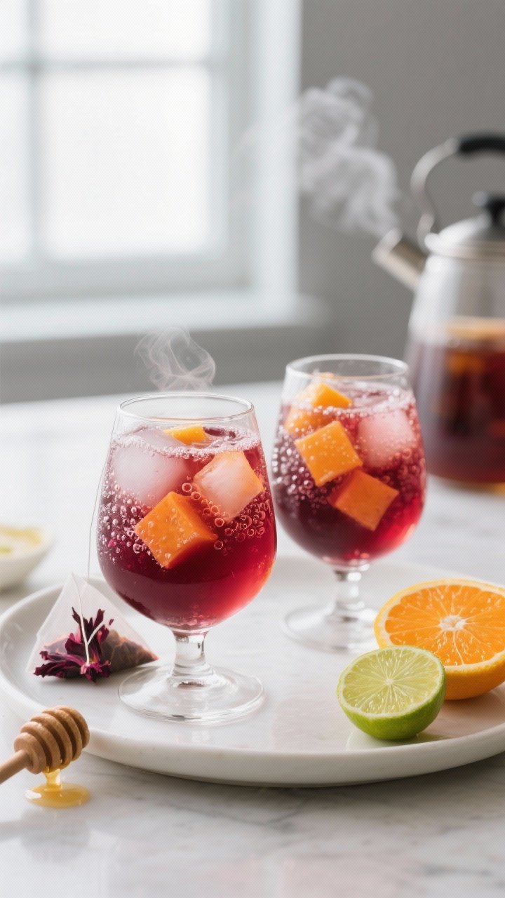Straight-on plated presentation of iced hibiscus tea spritzer in stemless wine glasses, deep ruby hue topped with lively bubbles from club soda; visible stay-cold citrus cubes made from orange and lime juice, semi-translucent and glowing inside the drink; styling includes hibiscus tea bags, honey dipper with a drizzle, sliced oranges and limes; clean modern backdrop with soft window light and light steam wisp from a kettle in the background to hint at brewed base.