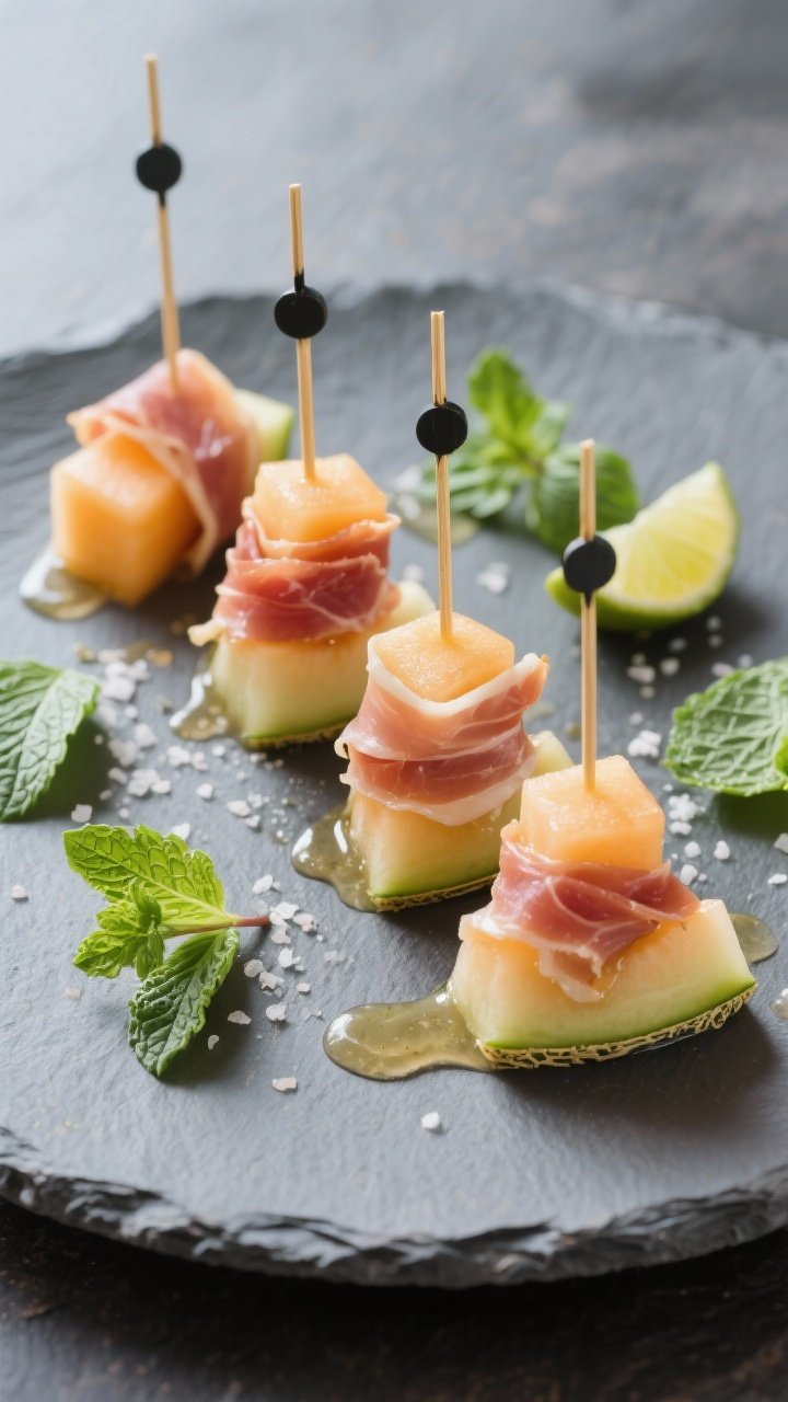 Straight-on plated presentation of Prosciutto-Wrapped Melon Skewers: neat canapés of ripe cantaloupe (or honeydew) cubes wrapped with delicate prosciutto ribbons on small skewers, drizzled with mint-lime-honey dressing, a pinch of flaky salt visible; mint leaves scattered on a cool slate plate; bright, refreshing mood with crisp highlights on the fruit and cured meat.