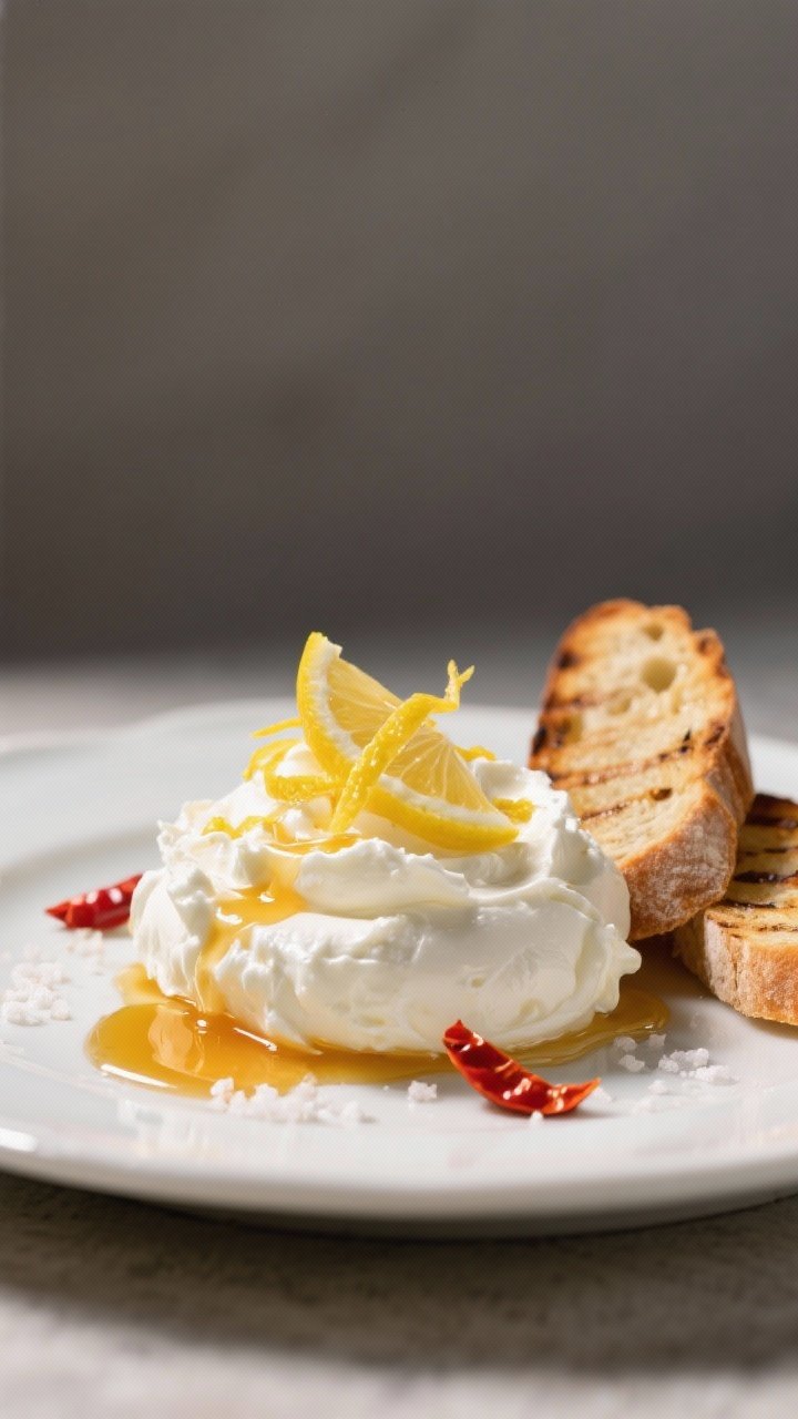 Straight-on plated presentation of Whipped Ricotta with Lemon Honey and Hot Chili Oil: cloud-like whipped ricotta with a splash of cream, topped with vivid lemon zest, a golden honey ribbon, and drizzles of ruby chili oil/chili crisp pooling at the edges; pinch of kosher salt flakes on top; served with grilled sourdough slices; minimalist backdrop, directional light highlighting glossy honey and oil.