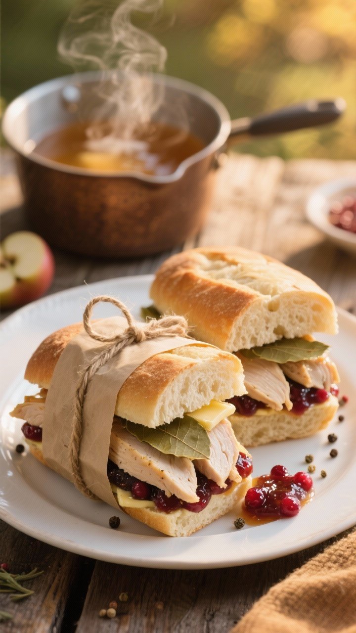 Straight-on plated shot of cider-poached chicken sandwiches on halved ciabatta rolls: tender sliced chicken poached in apple cider with bay leaf, peppercorns, and salt, layered with cranberry mostarda, optional softened butter shine on the crumb; stacked sandwiches wrapped in parchment and twine for picnic portability; a small saucepan with steamy cider in the background; cozy, golden-hour light.