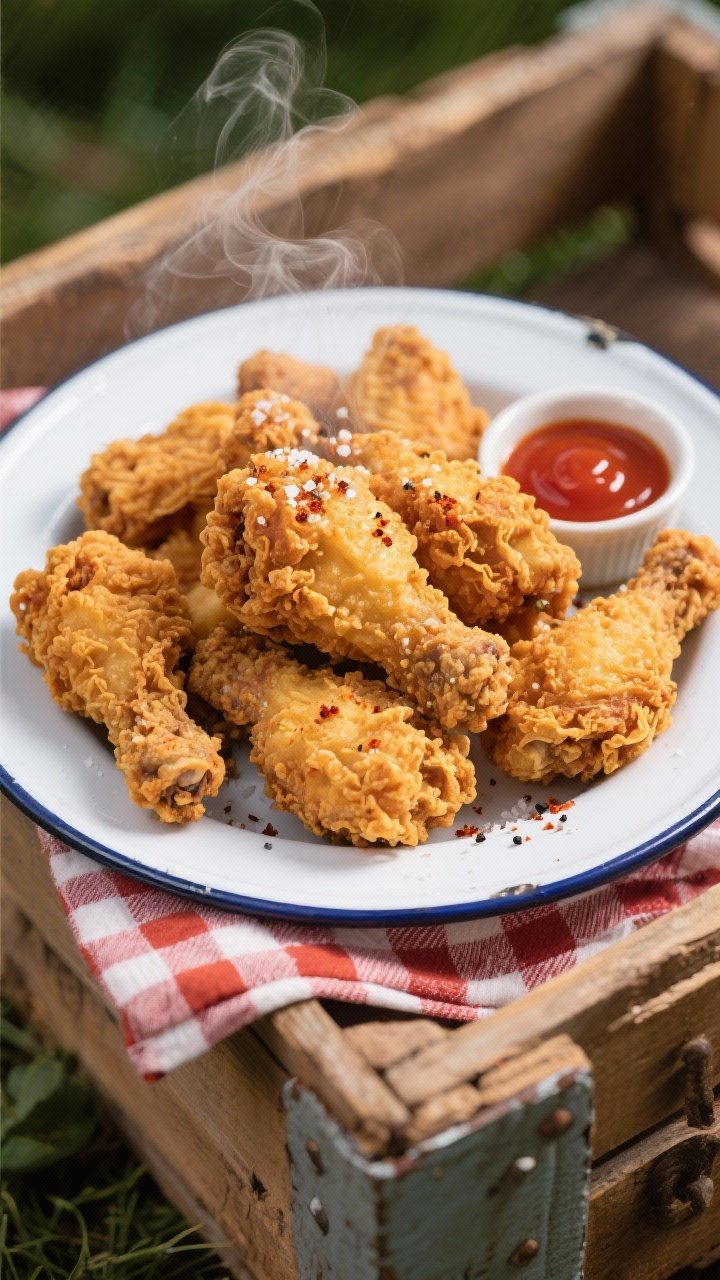 Straight-on plated shot of enamelware plates piled with golden, ultra-crispy fried chicken (drumsticks, thighs, wings) showing crackly texture from a flour–cornstarch dredge; buttermilk-marinated pieces flecked with kosher salt, black pepper, and paprika; steam rising subtly; a small bowl of hot sauce on the side; set on a rustic picnic crate with a gingham napkin.