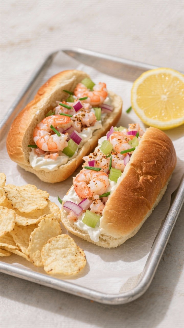 Straight-on plated shot of picnic-perfect shrimp rolls nestled in split-top buns: chopped pink shrimp bound with a light mix of mayonnaise, Greek yogurt, lemon juice and zest, Old Bay seasoning; visible celery dice and finely chopped red onion; buns lightly toasted, garnished with chives and a lemon wedge; served on a parchment-lined tray with crunchy kettle chips for context.