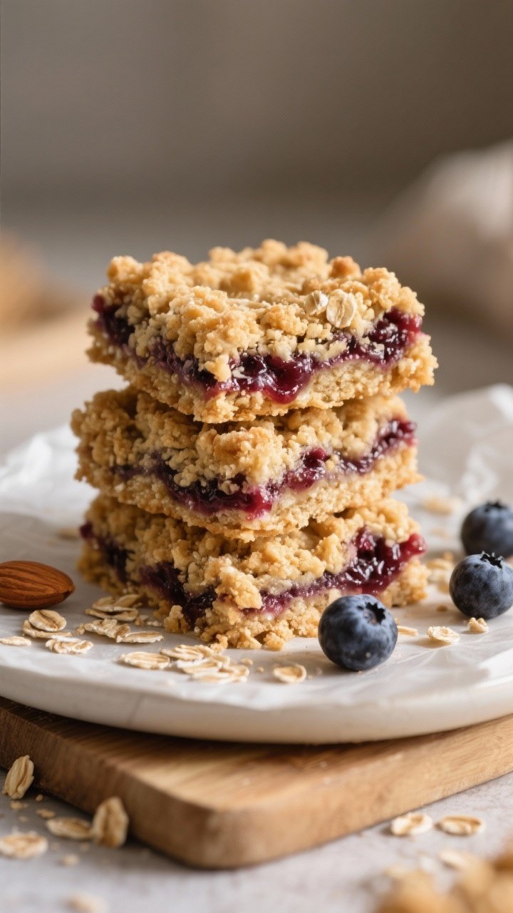 Straight-on plated stack of no-plastic berry crumble bars with oat-almond crunch: neat squares showing jammy berry layer between a golden crumble made from rolled oats, almond flour, all-purpose or GF flour, brown sugar, baking powder, sea salt, and melted butter or coconut oil; a few fresh berries scattered, crumbs on a parchment-lined board; warm, cozy tones, sharp texture detail, softly diffused light.