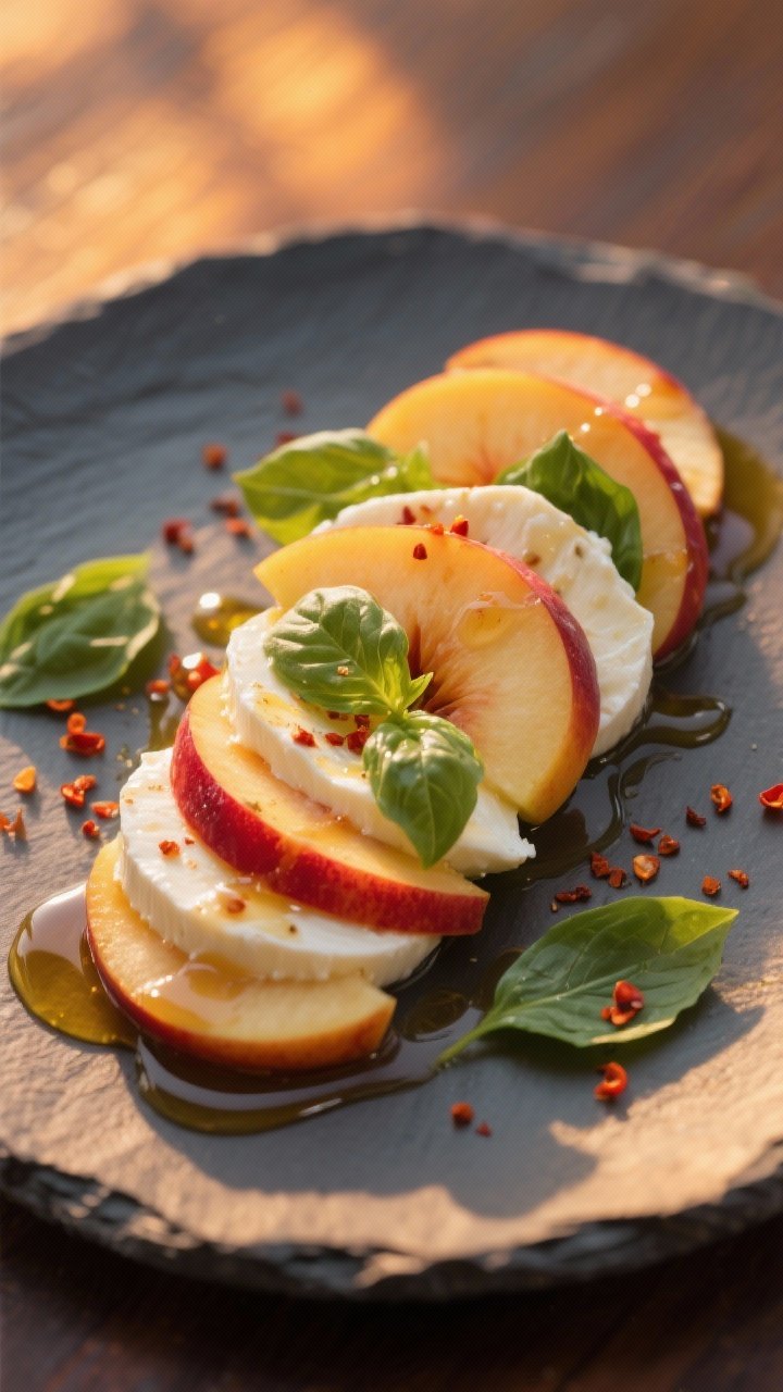Straight-on plated Sunset Nectarine Caprese: alternating slices of ripe nectarines and fresh mozzarella, scattered basil leaves; glossy chili honey drizzled over with a light EVOO sheen, tiny chili flakes visible; served on a matte slate plate, warm golden-hour light emphasizing sunset hues.