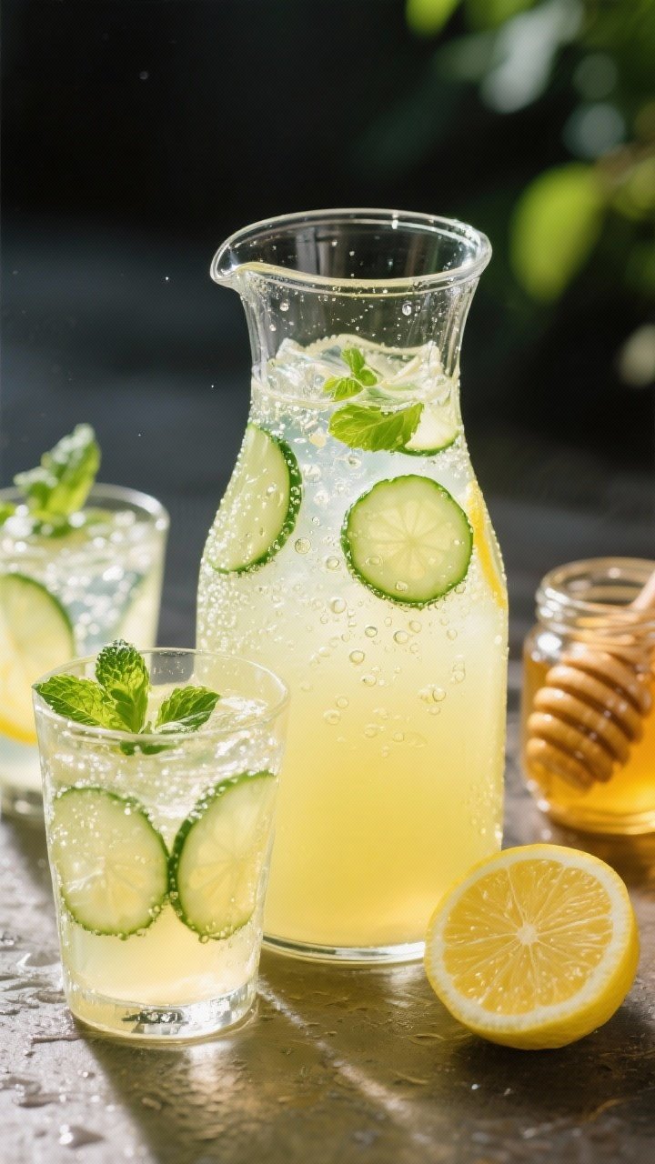 Straight-on, refreshing drink shot of sparkling meadow lemonade: tall glass pitcher and tumblers filled with pale yellow lemonade made from freshly squeezed lemon juice, sugar or honey, still water, and chilled sparkling water; thin cucumber rounds and fresh mint leaves floating, condensation on glass; lemon halves and a honey jar at the side; bright, effervescent bubbles captured.