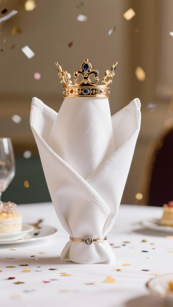 Straight-on, regal portrait of a Crown Fold napkin made from a stiff, well-starched white linen square; standing upright with sharp points and a stable base, optionally anchored with a discreet napkin ring; set against a softly lit celebratory backdrop with a minimal confetti sprinkle on the table for a royal birthday feel.