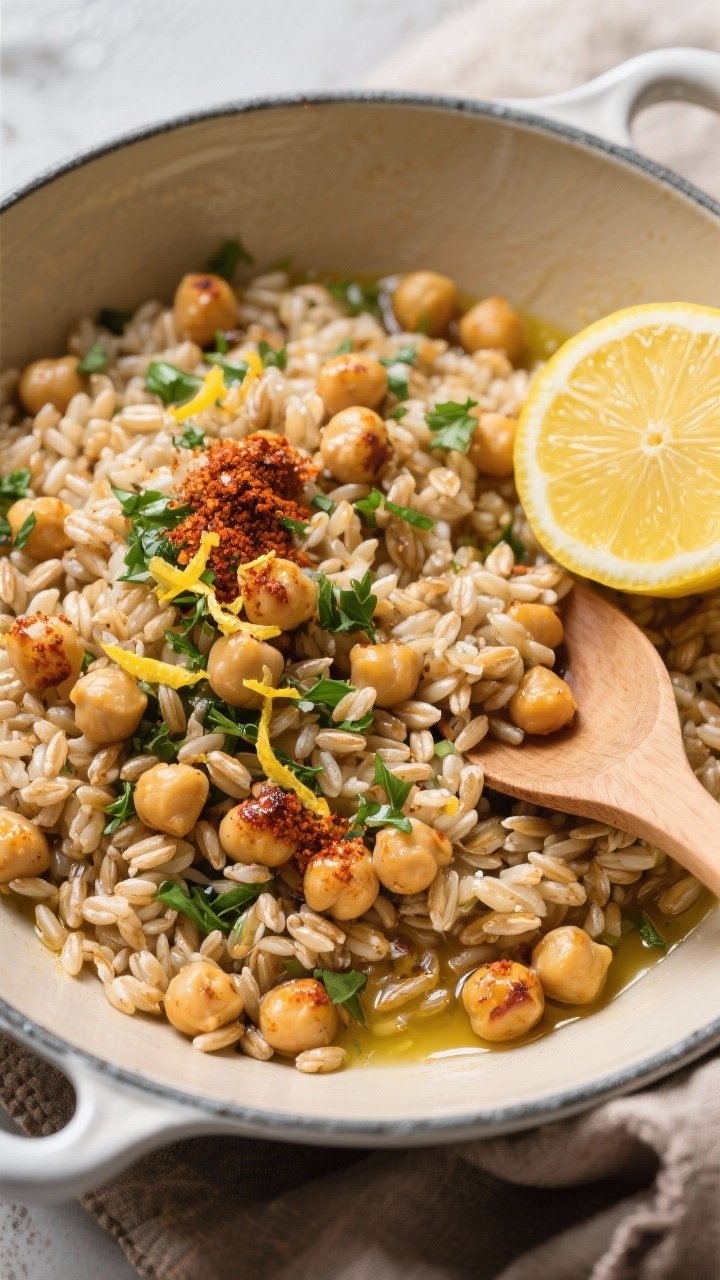 Straight-on, rustic platter of lemon-herb farro with roasted chickpeas: fluffy farro grains glistening with lemony olive oil, scattered with smoky paprika-roasted chickpeas, chopped herbs, and lemon zest; roasted lemon halves on the side; warm grains and crunchy chickpeas texture contrast, served in a shallow enamel pan with a wooden spoon.