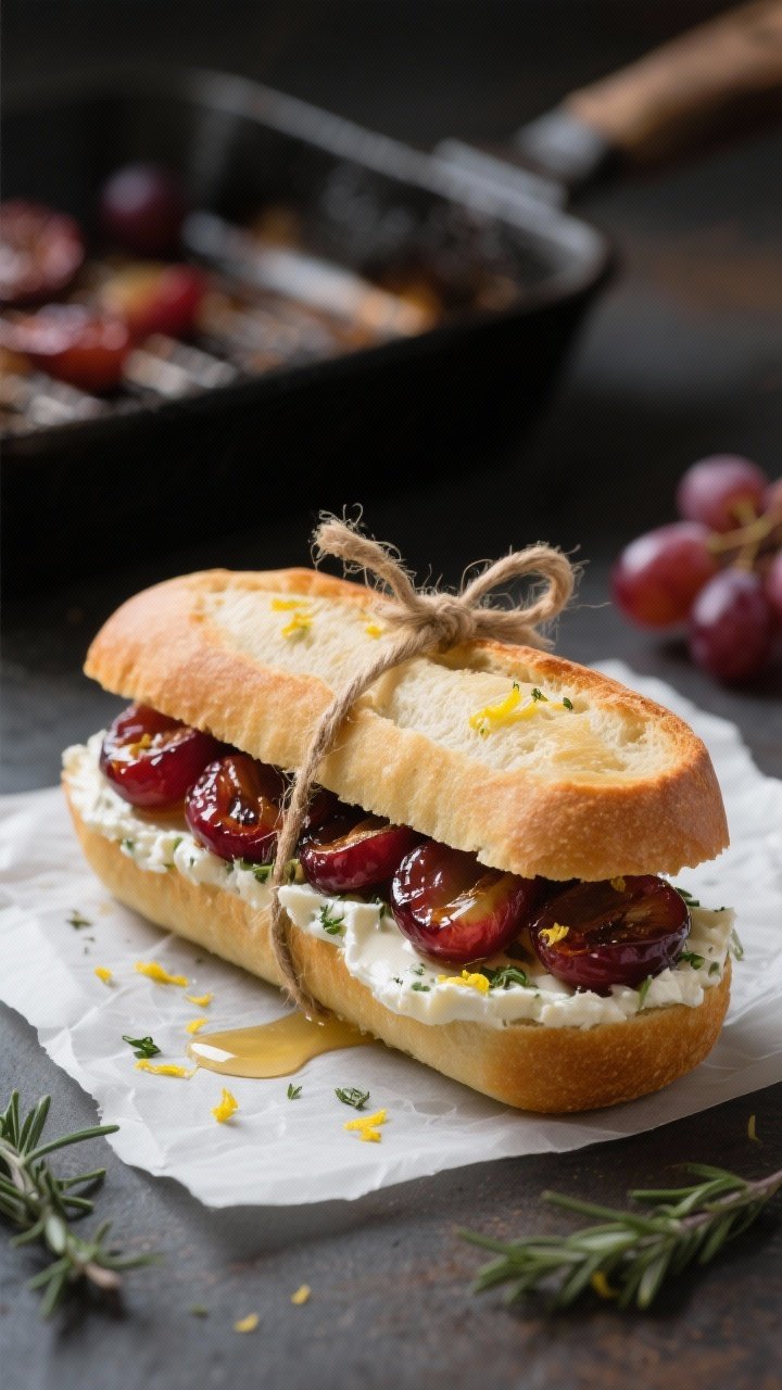 Straight-on sandwich composition: a split small baguette generously slathered with herbed goat cheese blended with thyme, drizzled with honey, and sprinkled with lemon zest, layered with roasted red grapes that are blistered and glossy; sandwich halves stacked and tied with twine on parchment, grape roasting pan blurred in the background, moody light to emphasize creamy-chewy-juicy contrast.