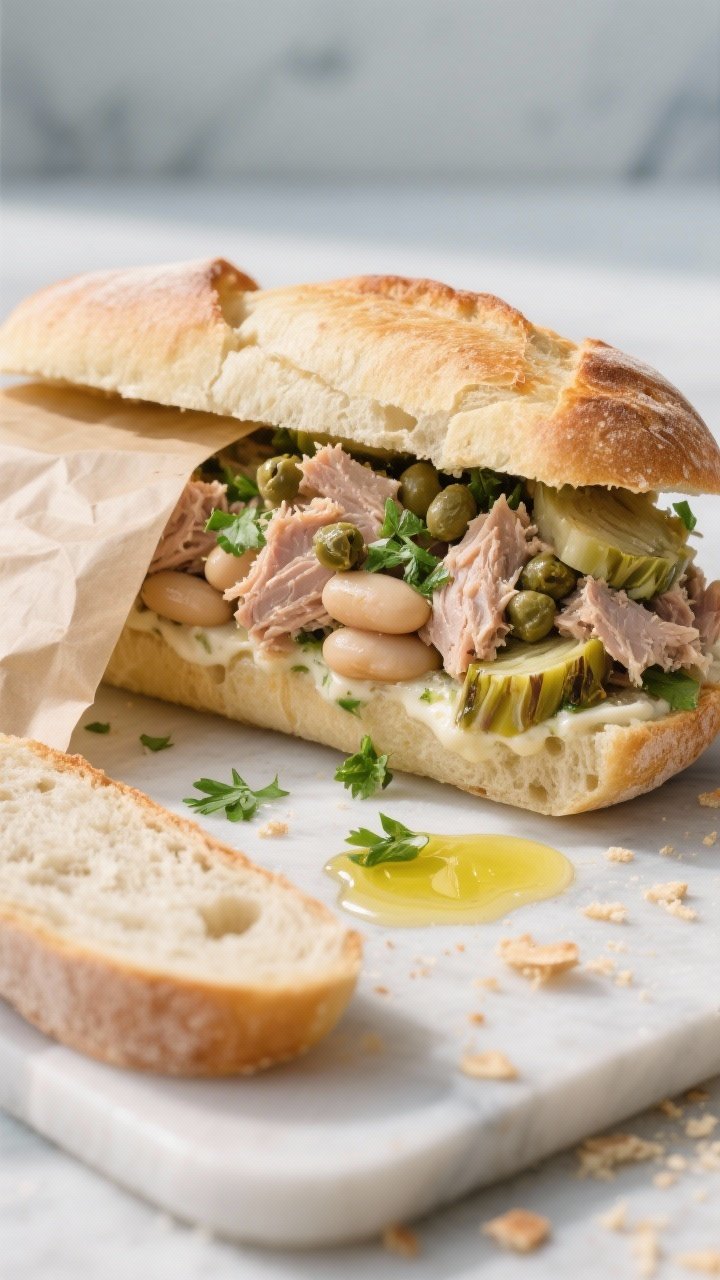 Straight-on sandwich hero shot: ciabatta cut open and stacked with a hearty filling of tuna in olive oil, creamy cannellini beans, chopped marinated artichoke hearts, briny capers, and chopped parsley; crumbs on the board, a drizzle of olive oil glistening on the crumb, parchment-wrapped half beside it; textures of crusty bread against creamy-bean tuna mix, clean coastal light.