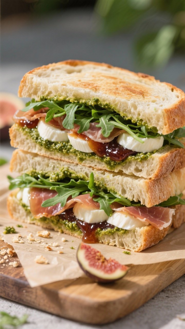 Straight-on sandwich stack of jammy bocconcini pesto ciabatta: thick ciabatta halves slathered with basil pesto and a swipe of fig jam, layered with slices of fresh mozzarella or bocconcini, ribbons of prosciutto (optional), and a tuft of peppery arugula; cross-section shows glossy pesto and jam mingling, crumbs on the board, parchment-wrapped halves for a picnic-ready look.