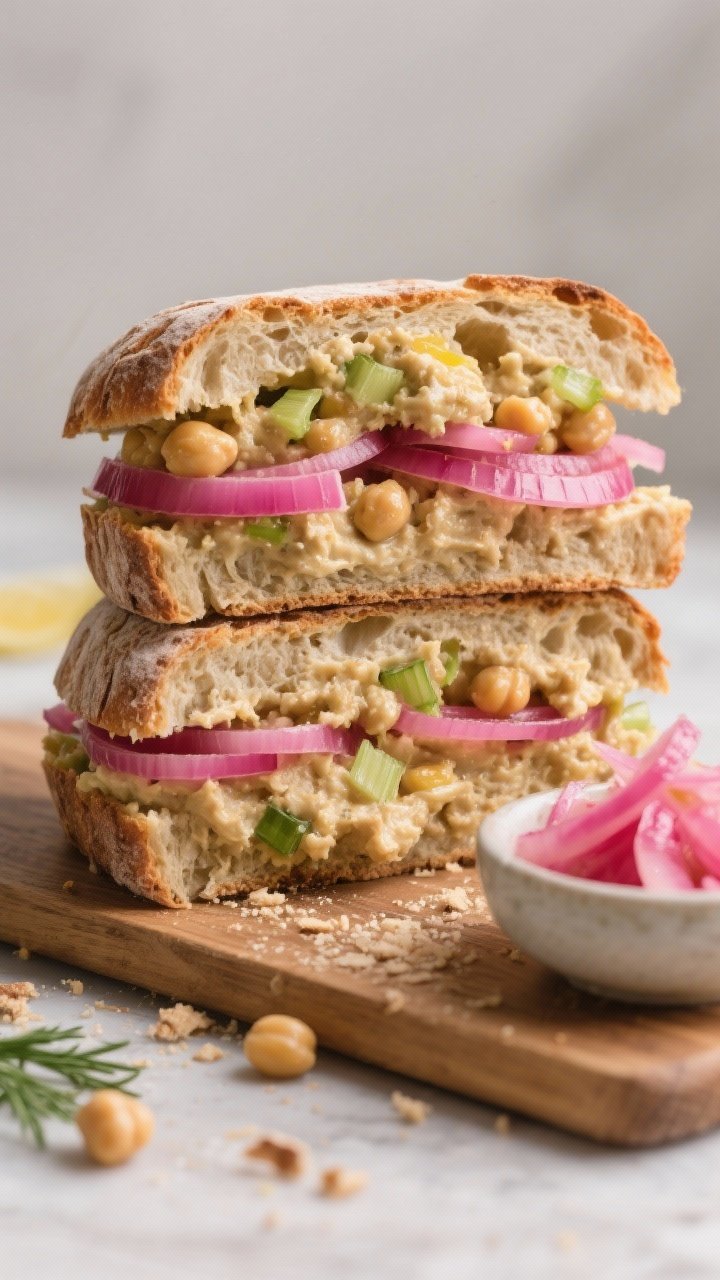 Straight-on sandwich stack shot of chickpea smash sandwiches with pickled onions: rustic bread filled with a chunky chickpea mash (chickpeas, mayo, Dijon, lemon juice, finely diced celery, chopped dill or parsley, salt) layered with vivid pink pickled onions; cross-section showing creamy, textured filling, crumbs on a board, a small bowl of extra pickled onions to the side.