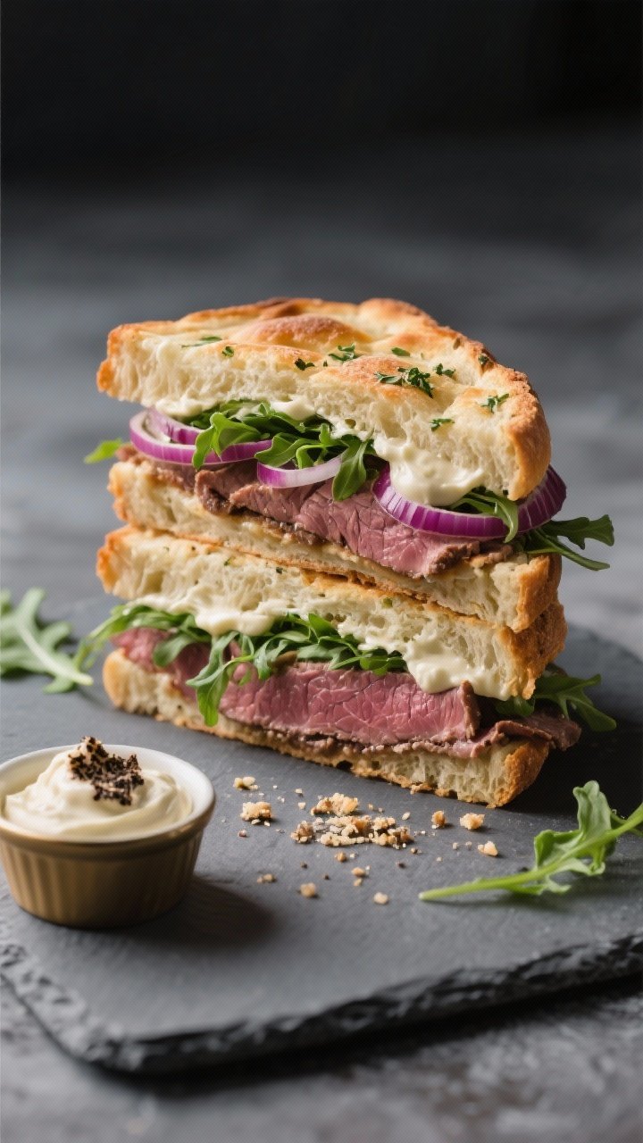 Straight-on sandwich stack: split garlic-herb focaccia layered with thinly sliced cold roast beef, a generous swipe of truffle–horseradish cream peeking out, baby arugula, and ultra-thin red onion; clean cut revealing strata, crumbs and a small ramekin of extra truffle cream nearby; luxe anniversary mood with soft shadows and a slate backdrop.