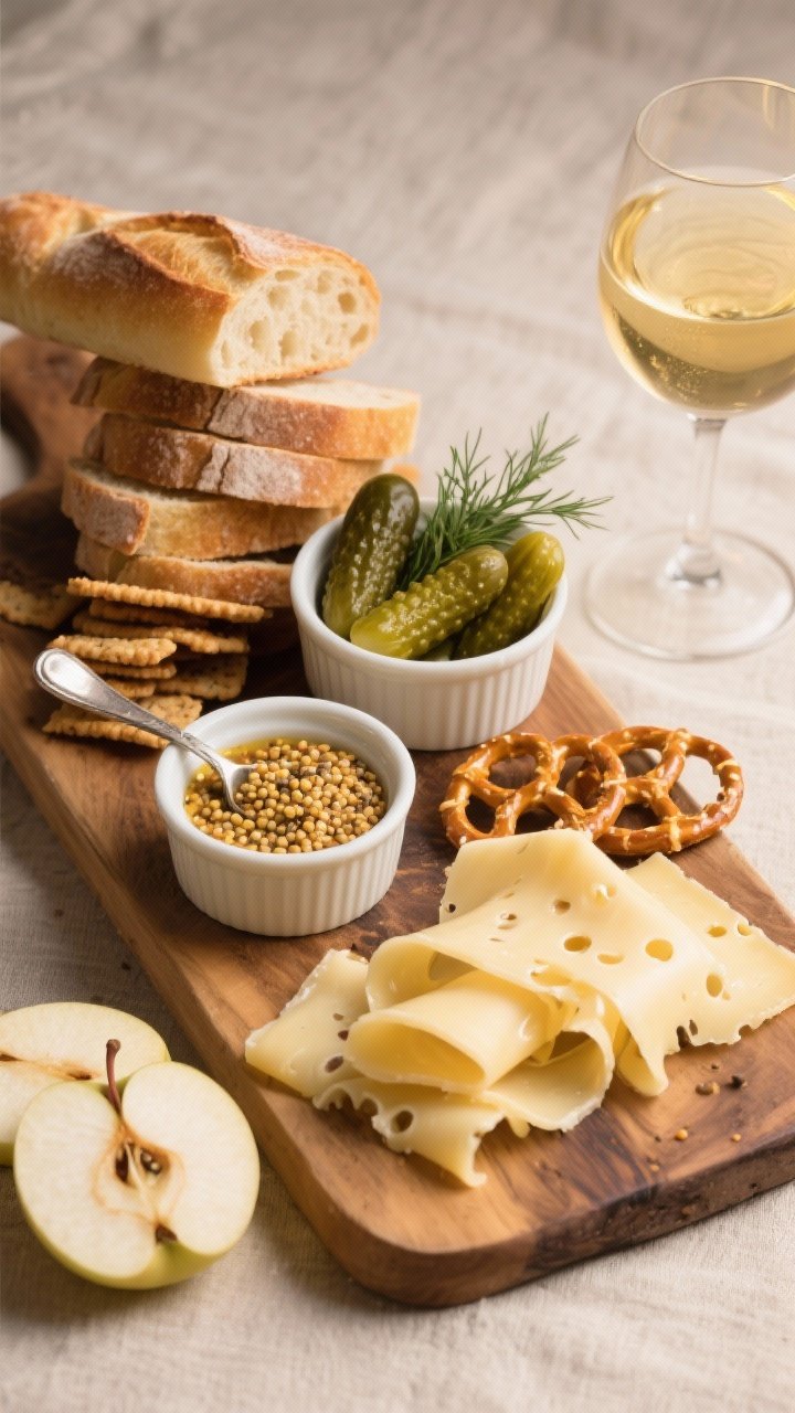 Straight-on savory board with toasty depth: thinly sliced Gruyère folded into ribbons, a ramekin of grainy mustard with a little spoon, cornichons and dill pickle slices piled high, baguette slices and pretzel crisps arranged for dipping, a few apple slices for sweetness; Chardonnay in a glass showing pale gold tones; neutral linen backdrop, warm directional light to emphasize Gruyère’s nutty holes and mustard seeds.