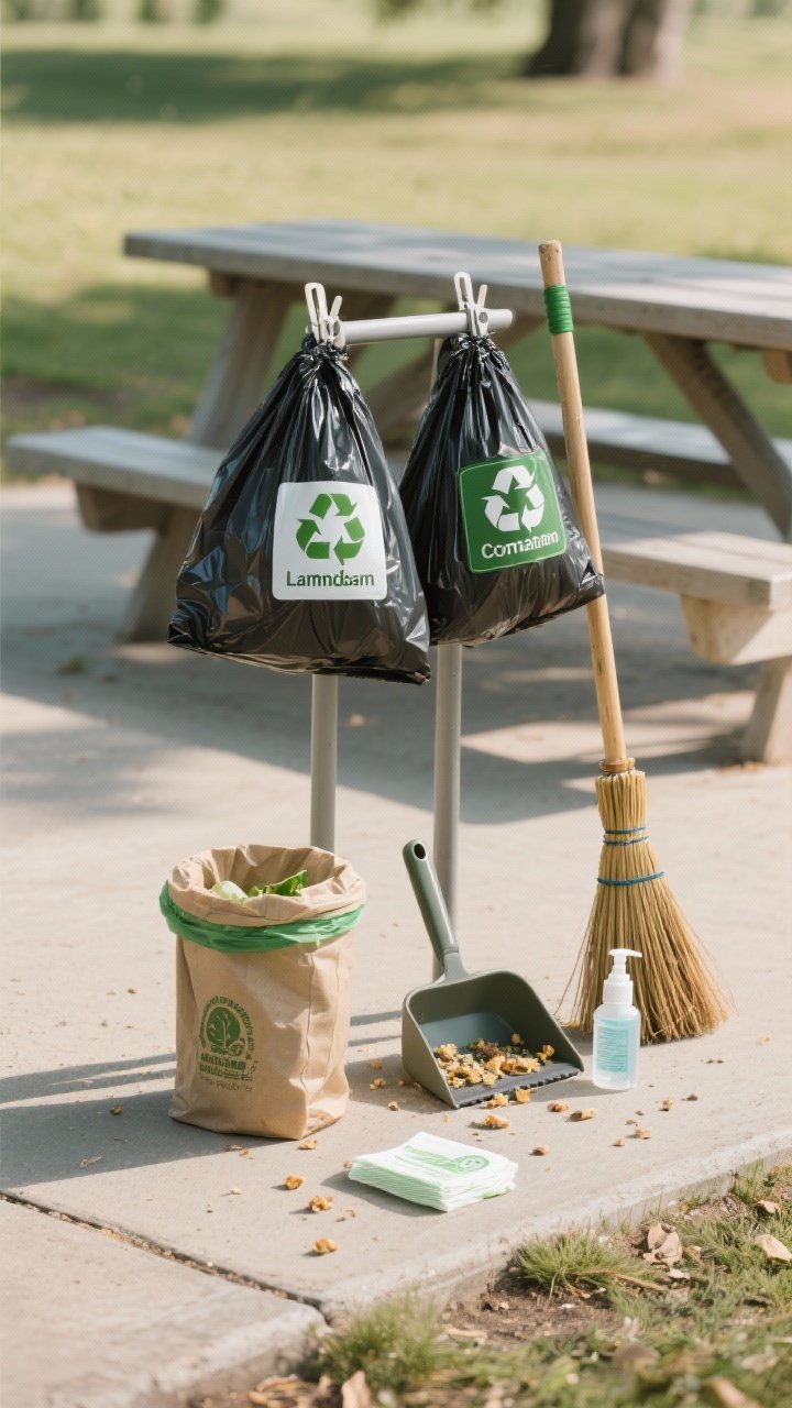 Straight-on scene of a conscientious cleanup station: two heavy-duty trash bags on clips (one labeled landfill, one recycling), a compostable bag/container for scraps, a compact broom/brush and dustpan set, and biodegradable wipes and a small hand sanitizer bottle; set at the edge of a cleared picnic spot with only a few crumbs to sweep, matte natural light, clean and orderly.