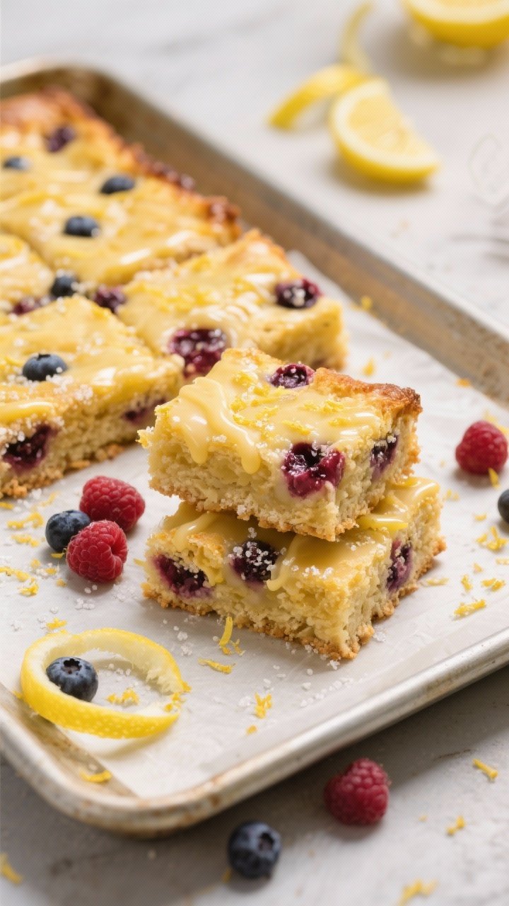 Straight-on sheet pan of berry-lemon bars: golden lemon-zest studded bars baked on parchment, studded with mixed berries, edges lightly caramelized; a few bars cut and stacked to show tender crumb, lemon glaze drizzle and a dusting of sugar, lemon zest curls and scattered fresh berries for garnish, one-hand-friendly squares ready for a picnic.