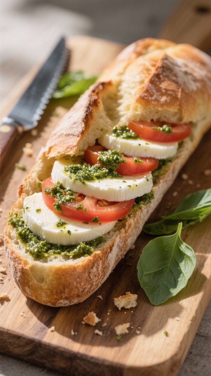 Straight-on shot of a caprese crunch baguette: crusty baguette split and spread with basil pesto butter (softened butter whipped with thick pesto, not oily), layered with very dry, thick slices of fresh mozzarella and firm tomato slices patted dry to prevent sogginess; visible pesto flecks in the butter along the cut; a few basil leaves scattered around; crisp, sunlit Mediterranean mood with a serrated knife and baguette crumbs on a wooden board.