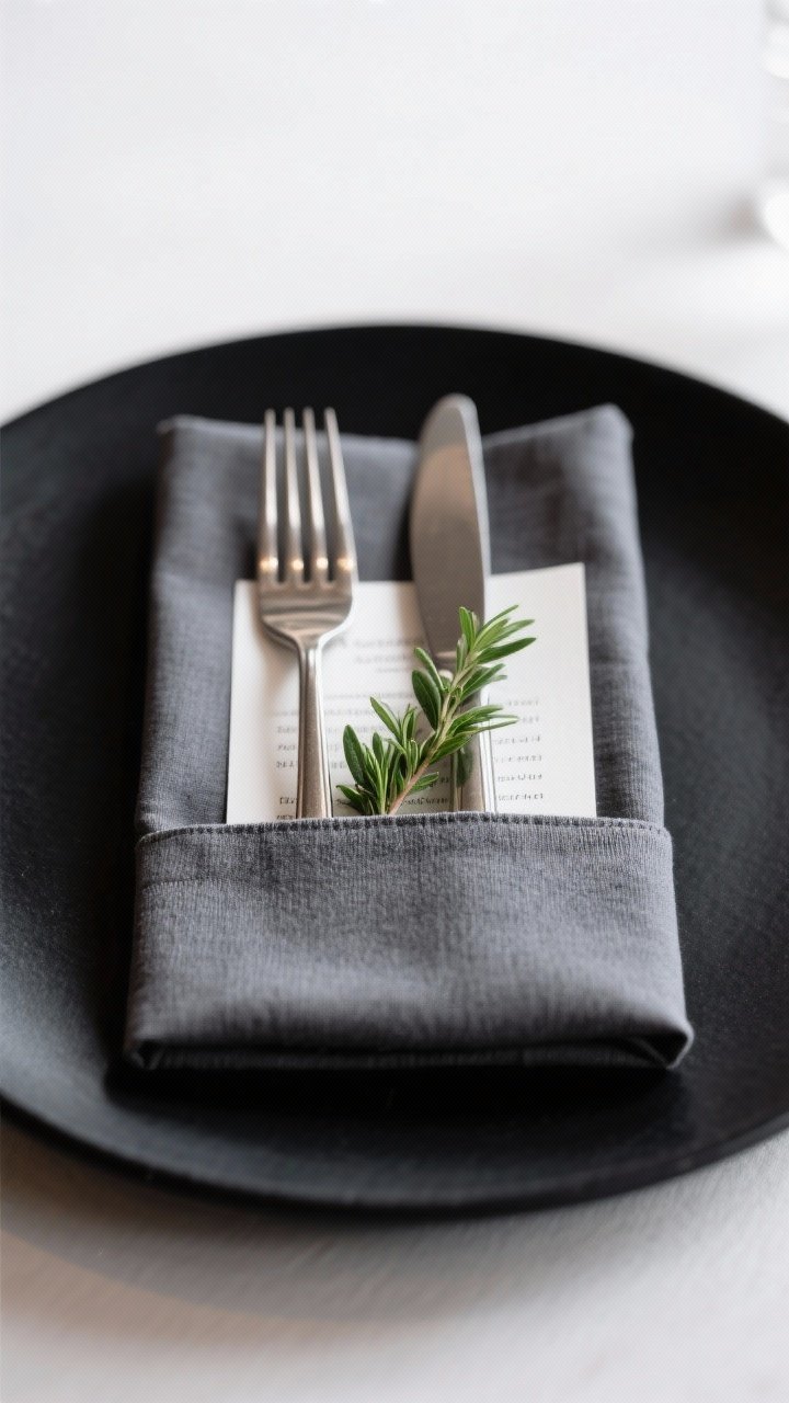 Straight-on shot of a Pocket Envelope napkin fold in slate-gray cotton-poly blend, holding polished fork, knife, and a sprig of fresh greenery tucked into the pocket; optional menu card peeking out; set on a matte black plate for contrast, edges crisp and tidy, shallow depth of field to highlight the hidden cutlery detail.